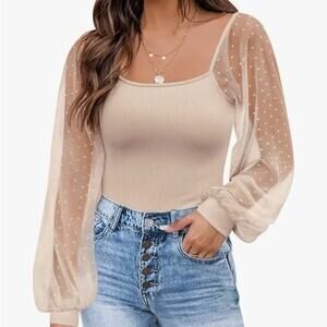 NEW Fairy Mesh Sleeve Shirt Ribbed Knit Cream Romantic Sheer Women Large